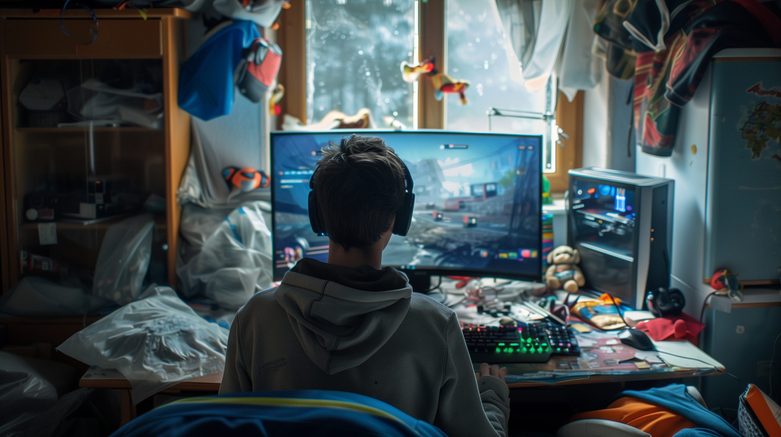 ftl-gaming-boy Teen gaming in messy room, failure to launch