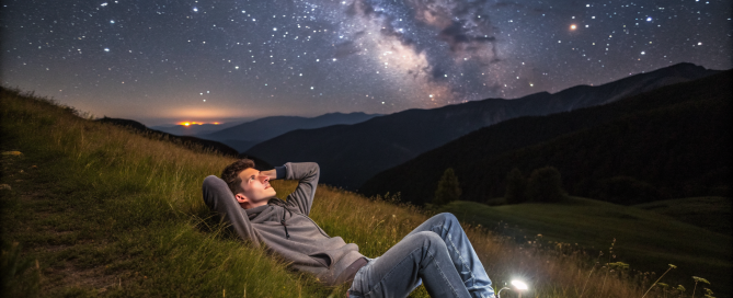 Young man lying on a hillside at night looking at the stars and Milky Way