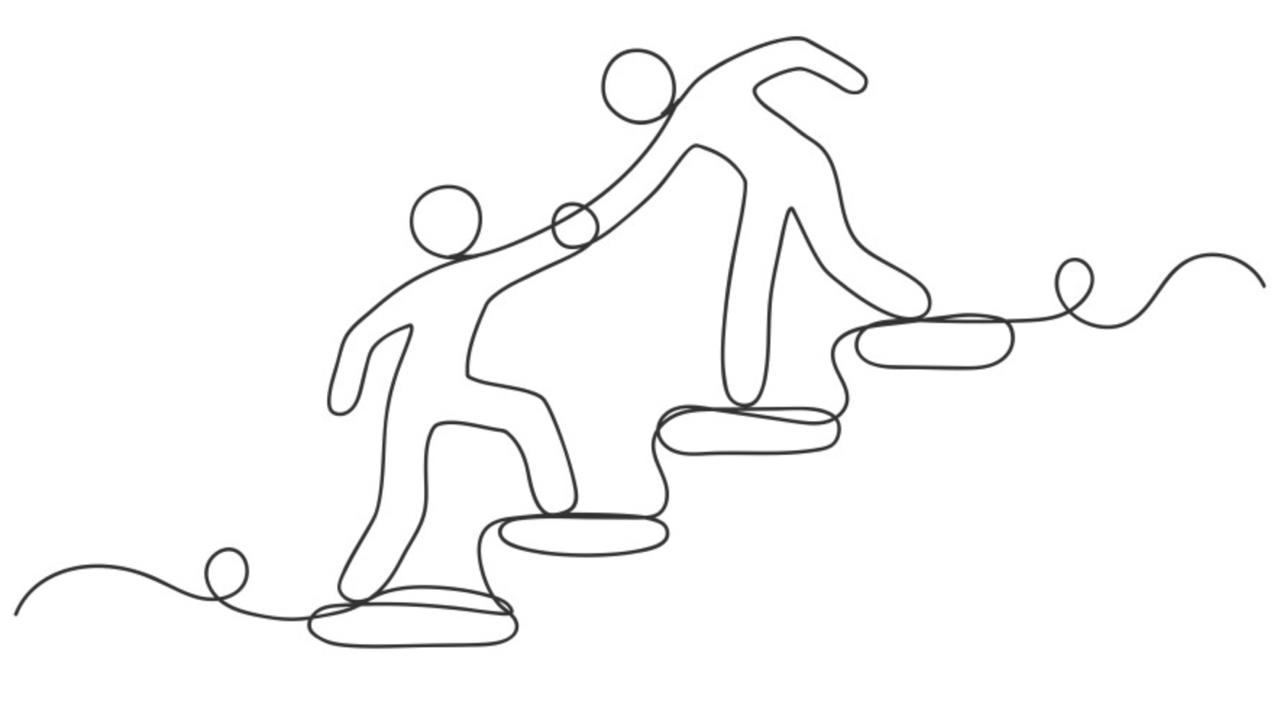 Mentor helping a young adult up the steps
