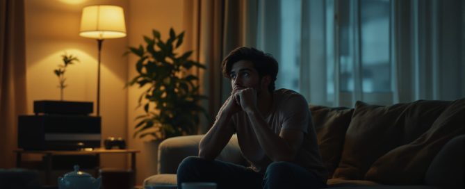 Young man sitting alone on a couch at night gazing contemplatively into the distance