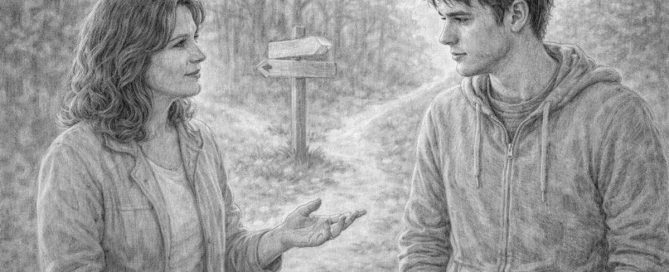 Illustration of a parent guiding a young adult at a forest crossroads — supporting a struggling young adult