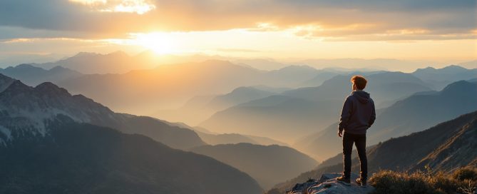 Young man standing on a rocky mountain peak overlooking Colorado mountains at sunset — wilderness therapy