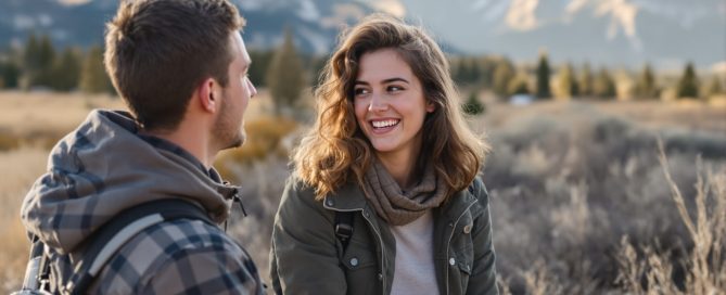 Two young adults laughing together in a Colorado mountain meadow — life coaching connection