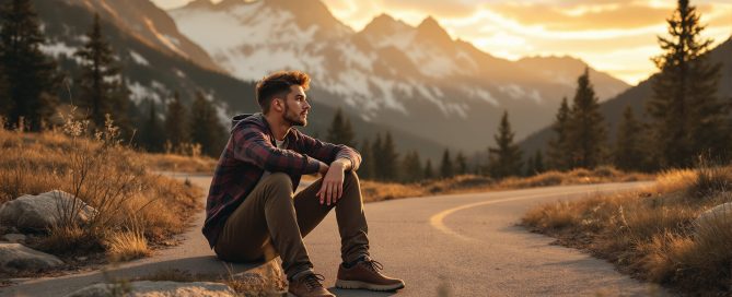 Young man sitting on a mountain road at sunset looking thoughtfully into the distance — Peter Pan syndrome
