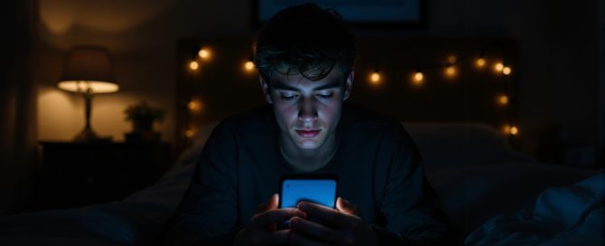 Young man lying in the dark, his face lit by the glow of a phone late at night