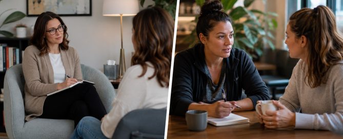 Side-by-side comparison of a therapy office session and a casual sober coaching conversation over coffee