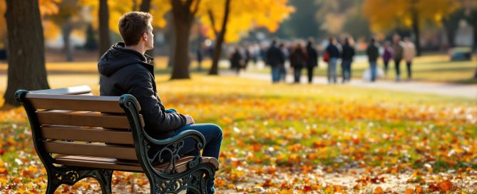 Young man sitting alone on a park bench watching people walk by among autumn leaves — social isolation