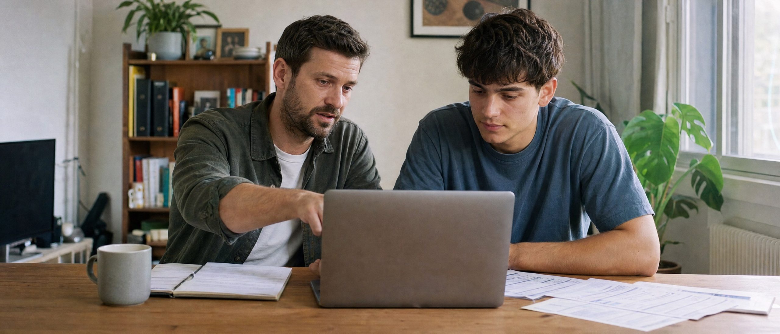 A male mentor and a young man working side by side at a desk on a laptop and paperwork