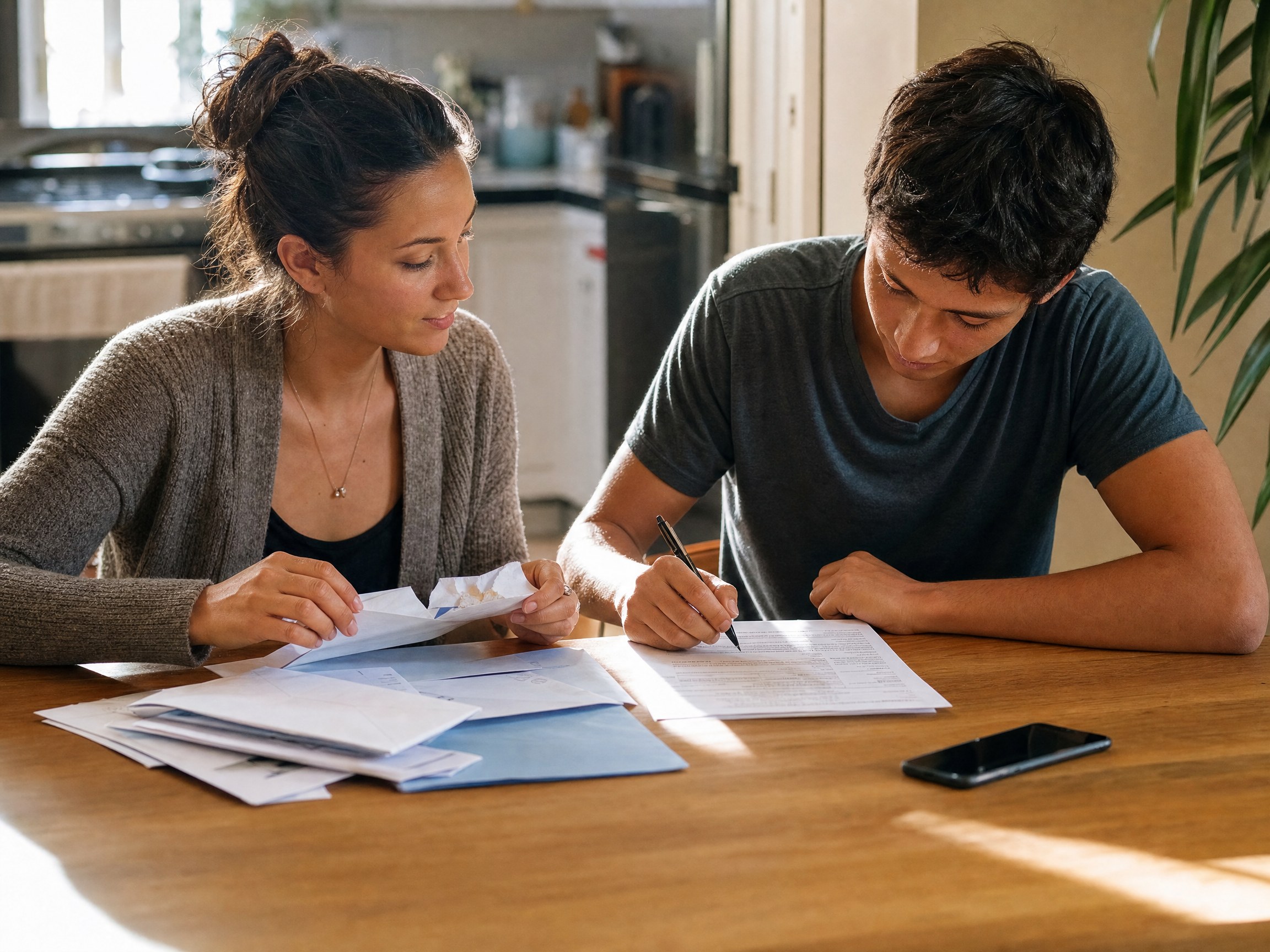 adhd-body-doubling-kitchen-table Mentor and young man working through mail and a financial aid form together at a kitchen table