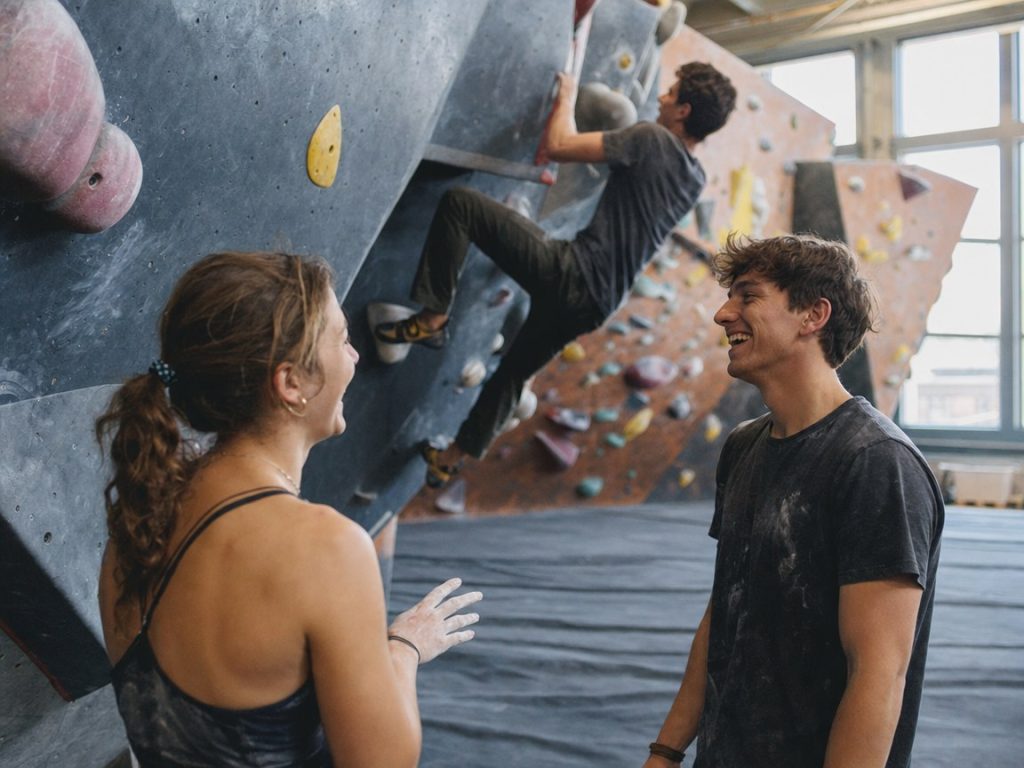 Young adults laughing together while bouldering at an indoor climbing gym
