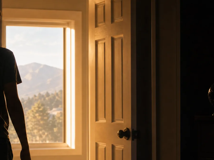 doorway-morning-light-detail Open bedroom door with warm morning light and Colorado foothills through the window