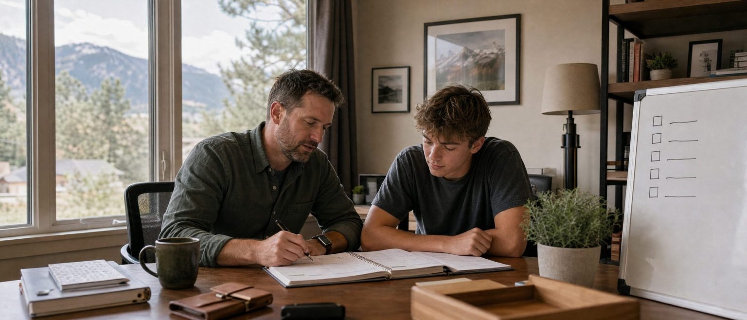 A mentor and a young adult working side by side over a weekly planner at a desk