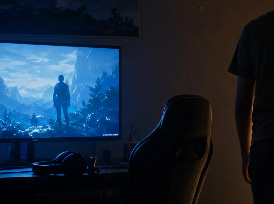 gaming-dark-room-detail Glowing gaming monitor and headset in a dark bedroom at night