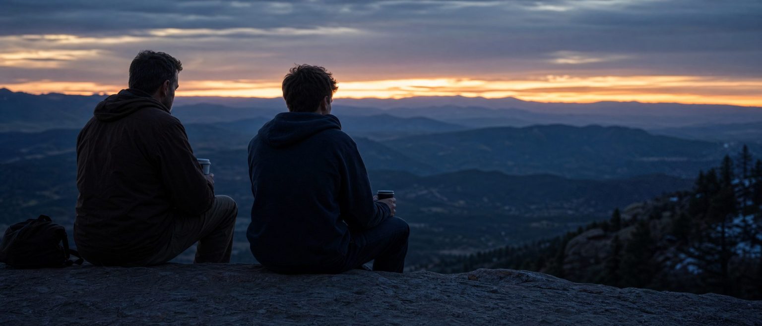 A mentor and a young man sit side by side at first light on a Colorado overlook