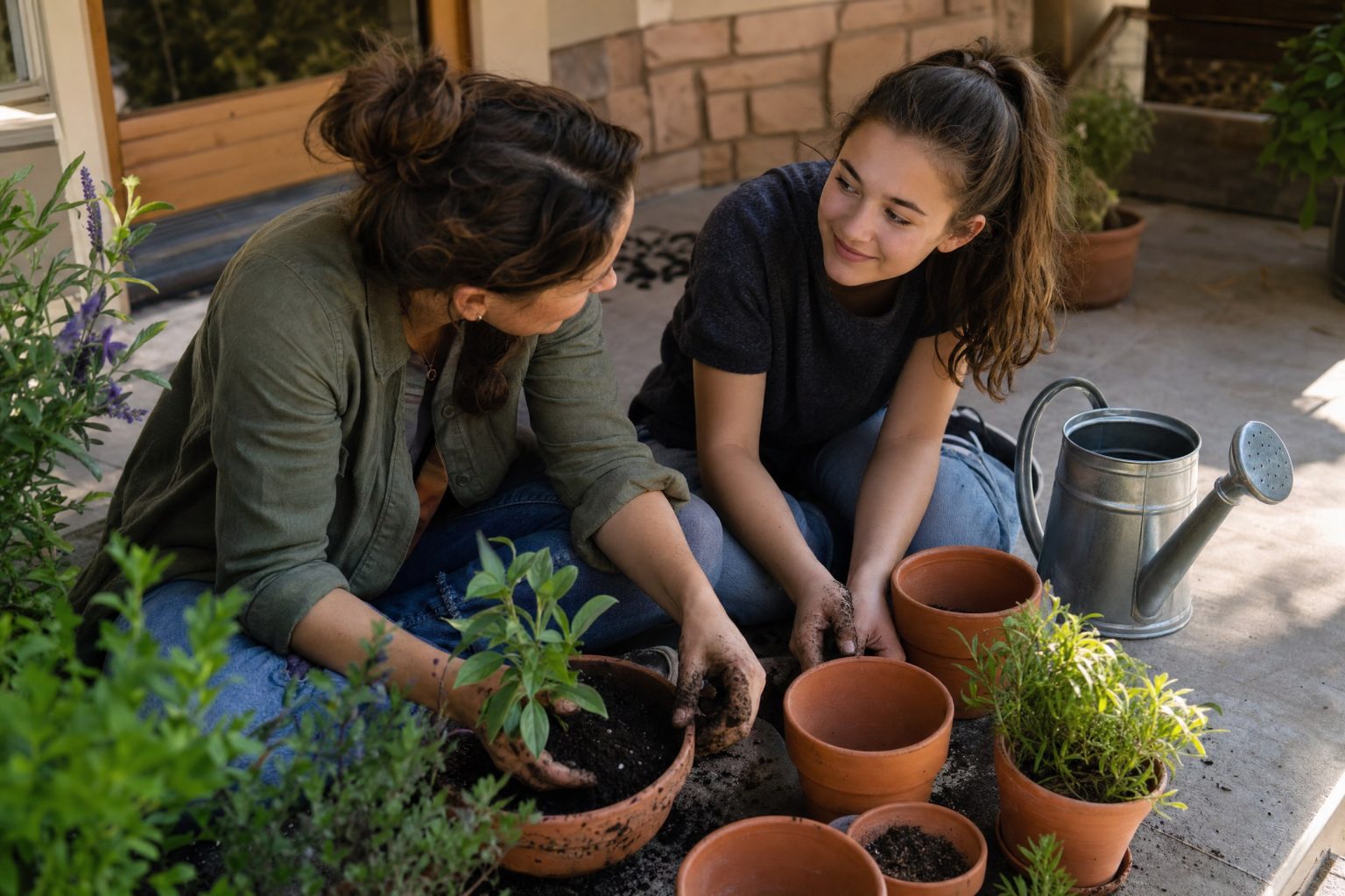 A mentor and a teenage girl repotting young plants together on a sunny Boulder porch