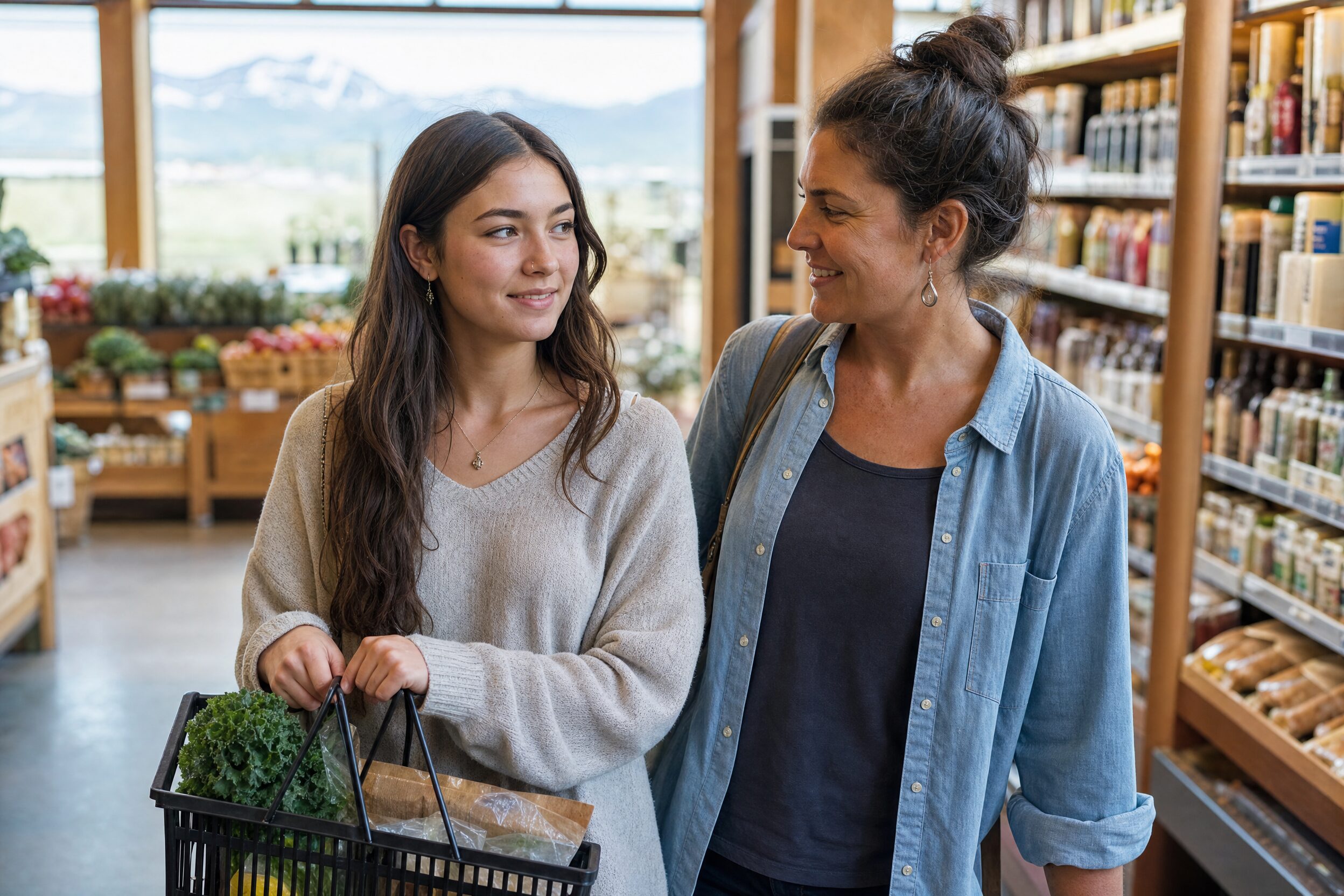ocd-erp-grocery-store-practice Young woman and her mentor practicing an ERP exposure together in a grocery store aisle