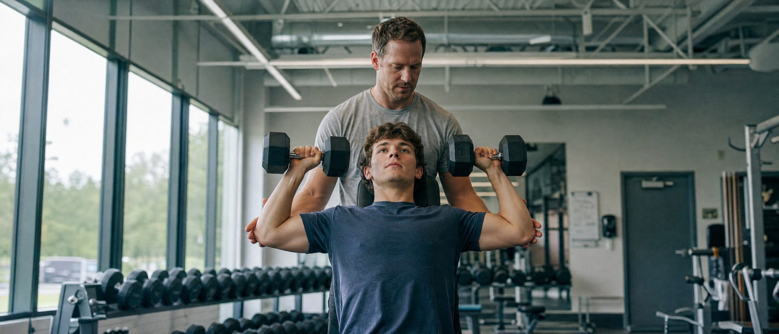 A mentor spotting a young man doing dumbbell presses in a bright gym