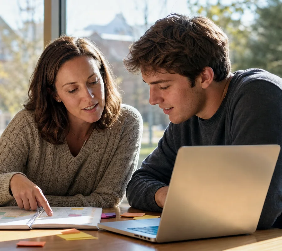 planning-session-detail Mentor and student reviewing a planner together
