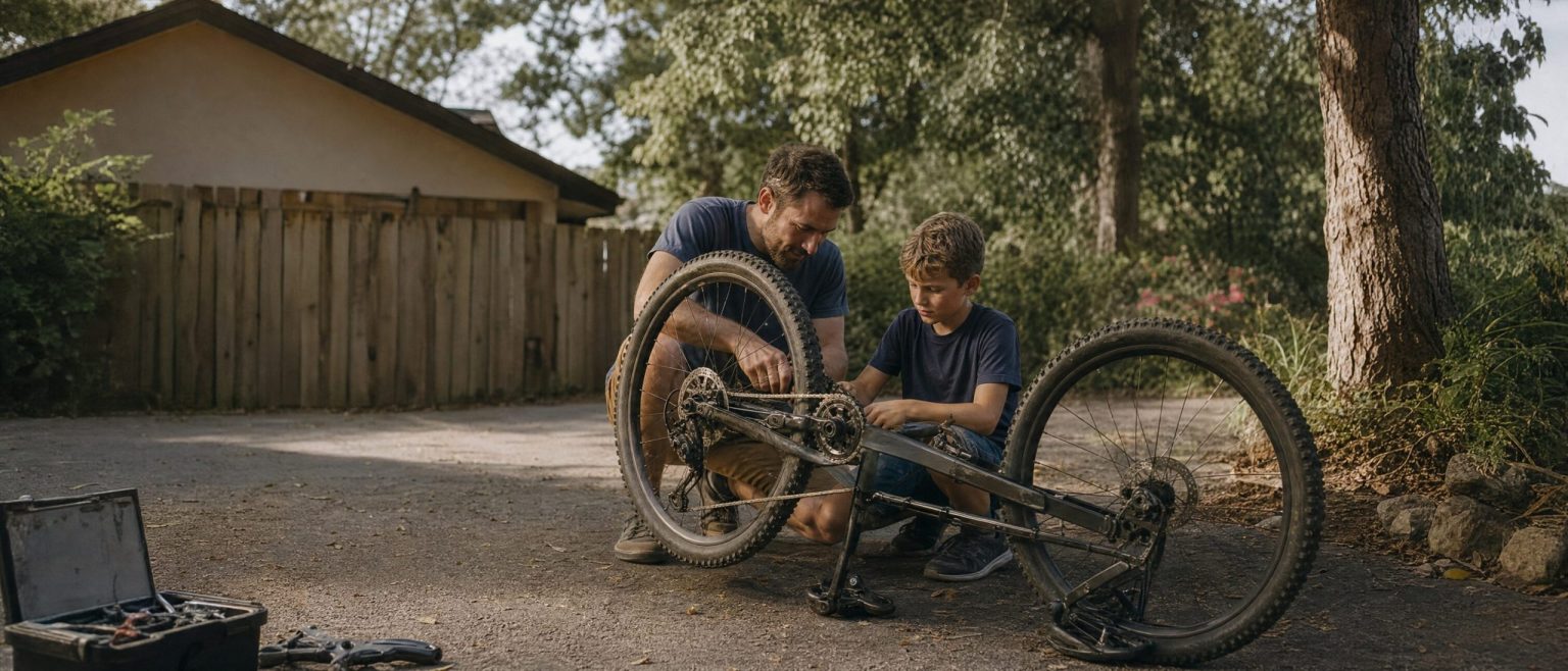 Mentor and boy repairing a mountain bike together outdoors