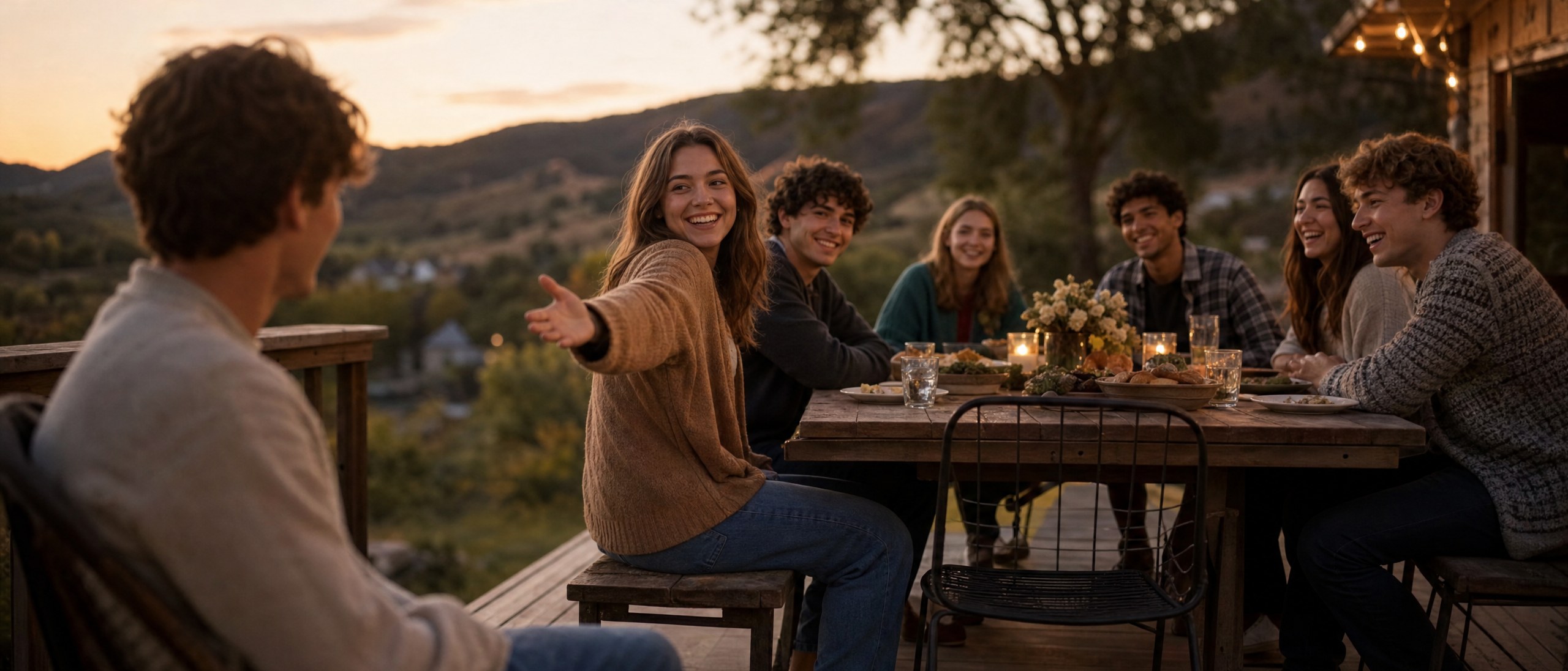 A young person being warmly welcomed into an evening gathering of young men and women on a Colorado deck at golden hour