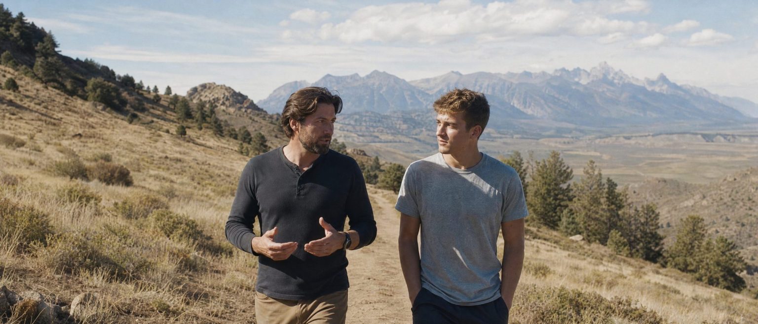 Mentor and young man walking side by side on a Colorado foothills trail, mid-conversation
