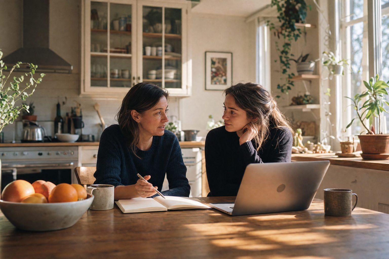 Female mentor and young woman planning together at a kitchen table with a notebook and laptop