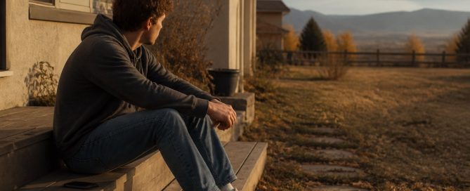 A young man in a dark hoodie sits alone on the front porch steps, looking out toward the foothills