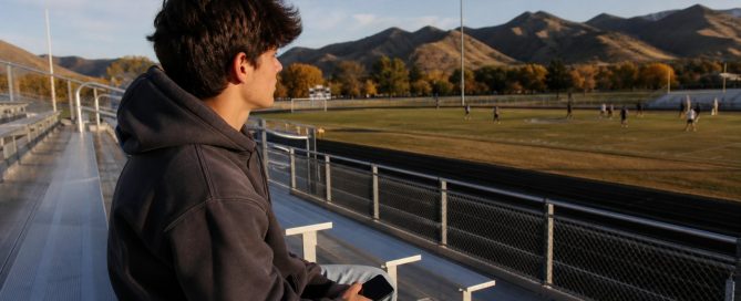 A teenage boy sits alone high in the bleachers with his phone while a game goes on below